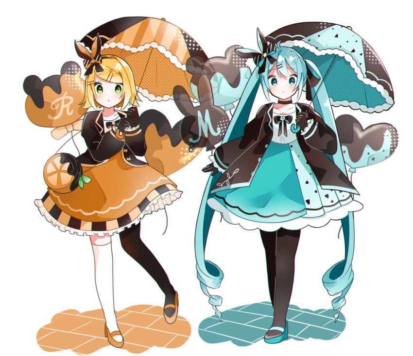 2girls asymmetrical_legwear balloon black_bow black_bowtie black_gloves black_jacket black_legwear blonde_hair blue_dress blue_footwear blue_hair bow bowtie chocolate-covered_food chocolate_chip commentary_request dress food food-themed_clothes food_print fruit fruit_print full_body gloves hair_bow hatsune_miku highres holding holding_umbrella jacket kagamine_rin long_hair mary_janes mint_chocolate mint_chocolate_(razschi) mismatched_legwear multiple_girls orange_(fruit) orange_bag orange_dress orange_print orange_shoes orangette parasol shoes short_hair thighhighs twintails umbrella uon_shil very_long_hair vocaloid white_legwear