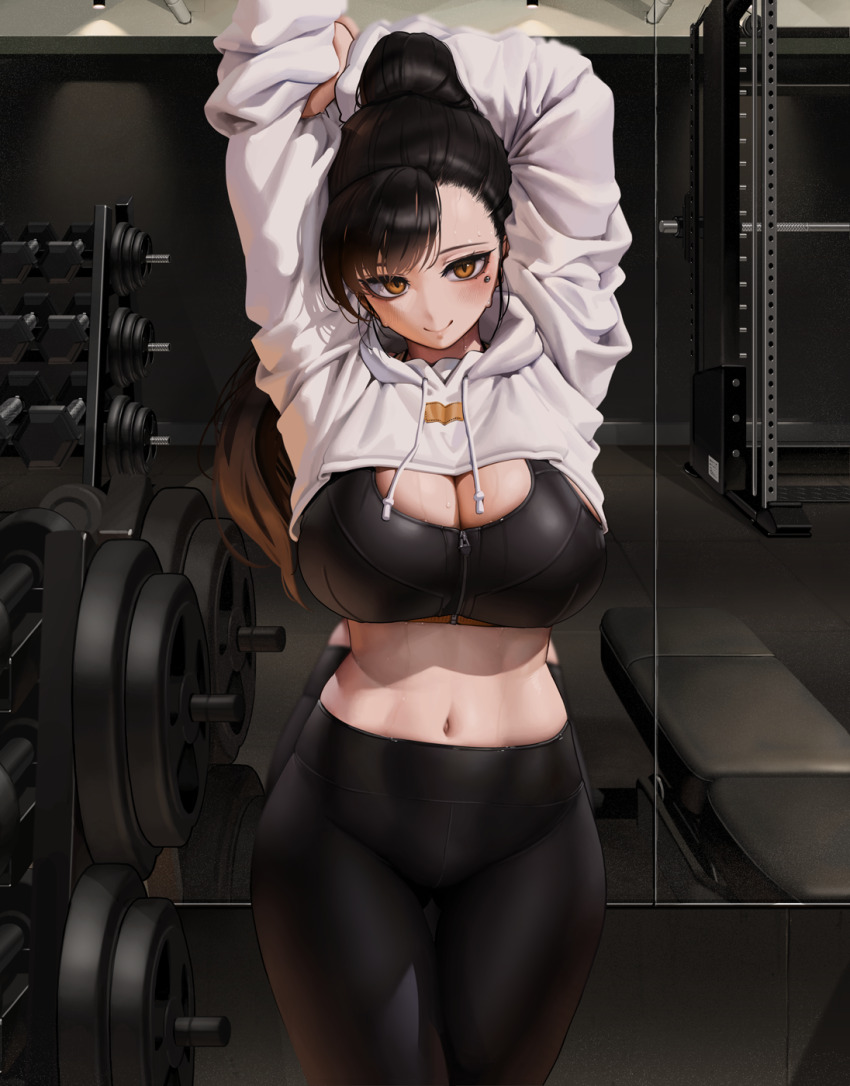 1girl arm_up black_hair black_pantyhose blush breasts brown_hair closed_mouth cropped_hoodie dumbbell eye_piercing gym highres hood hood_down hoodie indoors large_breasts letdie1414 navel orange_eyes original pantyhose ponytail smile solo sweat white_hoodie