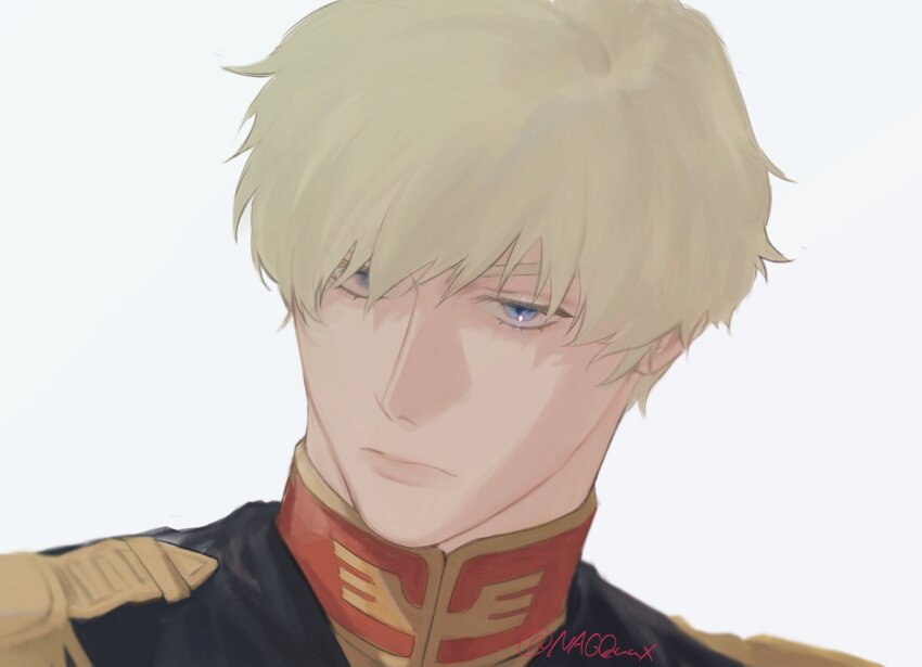 1boy blonde_hair blue_eyes char_aznable gundam gundam_gquuuuuux high_collar highres jacket long_sleeves male_focus military_jacket military_uniform nagquux portrait shirouzu_(gundam) short_hair simple_background solo white_background