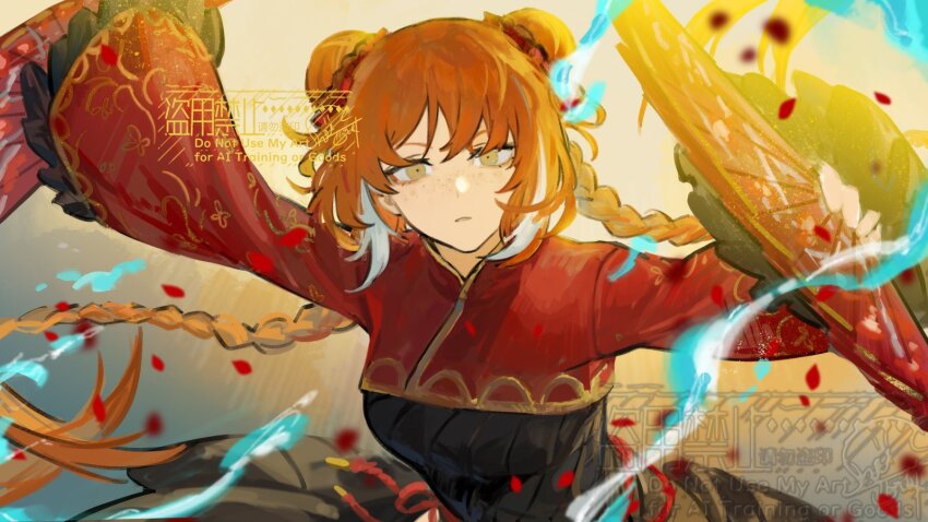 1girl arms_up black_dress braid chinese_clothes double_bun dress family_hierarch_candidate_(identity)_(project_moon) folding_fan frilled_sleeves frills gold_trim hair_bun hand_fan highres ishmael_(project_moon) limbus_company looking_at_viewer multicolored_hair nishikujic petals project_moon red_shrug solo streaked_hair twin_braids upper_body