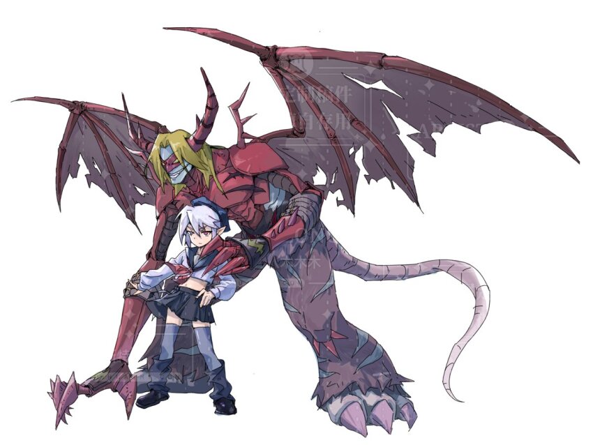 claws digimon digimon_(creature) hat horns mask school_uniform simple_background skirt smile tail venomvamdemon white_background wings