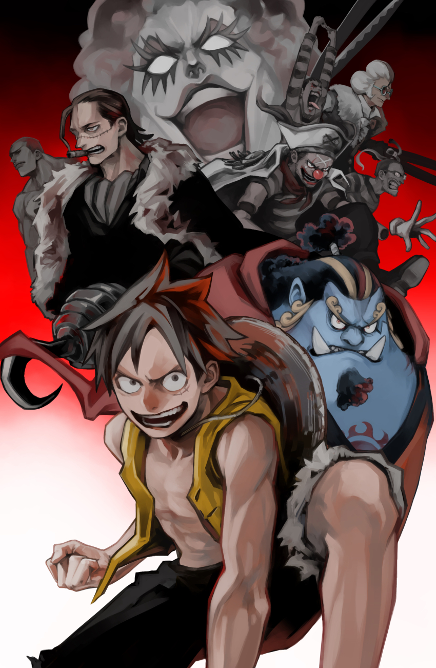 6+boys absurdres beard black_coat black_hair black_shirt blue_skin bon_clay buggy_the_clown cigar clenched_hand clown_nose coat colored_skin crocodile_(one_piece) daz_bones disembodied_hand emporio_ivankov empty_eyes eyelashes facial_hair fur_trim galdino goggles gradient_background grin hat hat_on_back highres holding holding_scissors hook_hand inazuma_(one_piece) jinbe_(one_piece) looking_at_viewer makeup monkey_d._luffy multiple_boys muscular muscular_male nakano_(2_mannaka) on_one_knee one_piece open_clothes open_mouth pirate_hat prison_clothes red_background scar scar_on_face scissors shirt short_hair sleeveless sleeveless_shirt smile straw_hat teeth tongue tongue_out topknot topless_male white_coat white_hair yellow_shirt