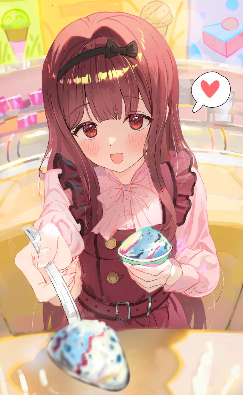 1girl :d absurdres belt blush bow brown_dress brown_eyes brown_hair commentary dot_nose dress food foreshortening frilled_dress frills heart highres holding holding_food holding_spoon ice_cream ice_cream_bar idolmaster idolmaster_million_live! idolmaster_million_live!_theater_days incoming_food indoors long_hair long_sleeves looking_at_viewer open_mouth outstretched_arm pink_bow pink_shirt pov private_dress_(idolmaster_million_live!) shirt shirt_bow shirt_under_dress sitting smile solo sonchi speech_bubble spoken_heart spoon straight_hair symbol-only_commentary tanaka_kotoha