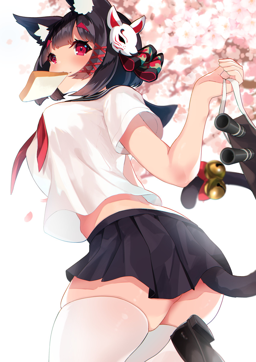 1girl absurdres animal_ear_fluff animal_ears azur_lane bell black_hair black_shoes black_skirt blush bread breasts cat_ears cat_tail cherry_blossoms female_focus flower food hair_ornament highres large_breasts looking_at_viewer mask mask_on_head neckerchief pink_flower pleated_skirt red_eyes red_neckerchief sailor_collar school_uniform serafuku shirt shoes short_hair short_sleeves skirt solo tail thighhighs white_shirt white_thighhighs yamaha_tsui yamashiro_(azur_lane) yamashiro_(street_corner_offensive!)_(azur_lane)