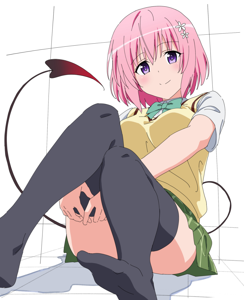 1girl black_thighhighs blush bow bowtie breasts demon_tail flower green_bow green_bowtie hair_flower hair_ornament hatenoga highres looking_at_viewer medium_breasts medium_hair momo_velia_deviluke pink_hair plaid_clothes plaid_skirt pleated_skirt purple_eyes school_uniform shirt sitting skirt smile solo tail thighhighs to_love-ru vest white_shirt yellow_vest
