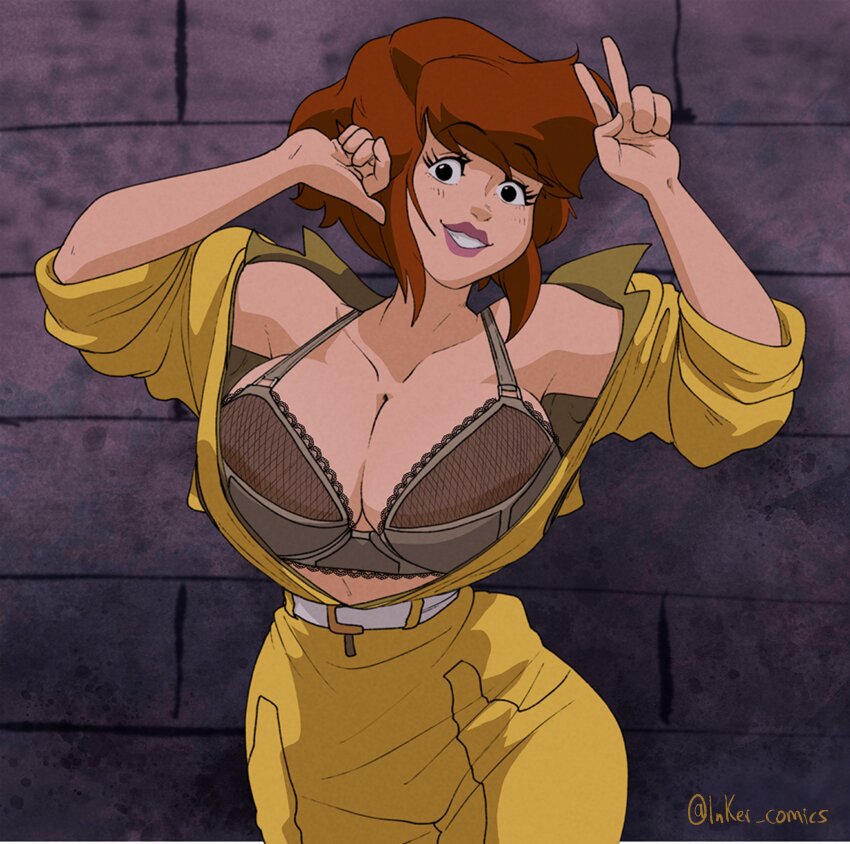 1girl absurdres april_o&#039;neil belt black_eyes bodysuit bra breasts brown_hair highres huge_breasts inker_comics looking_at_viewer medium_hair open_clothes smile solo teenage_mutant_ninja_turtles teenage_mutant_ninja_turtles_(1987) thick_lips thighs twitter_username underwear upper_body v yellow_bodysuit