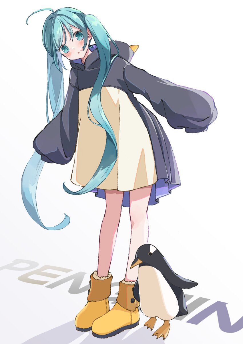 1girl :o absurdres ahoge animal_costume aqua_eyes bird blue_hair blush boots commentary_request english_text full_body hair_between_eyes hatsune_miku highres hood hood_down long_hair long_sleeves looking_at_viewer nagitofuu parted_lips penguin penguin_costume simple_background sleeves_past_fingers sleeves_past_wrists solo standing twintails vocaloid white_background yellow_boots