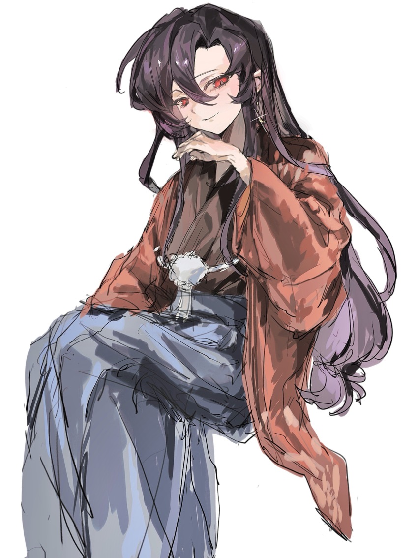 1boy absurdres black_hair blue_hakama brown_kimono closed_mouth curtained_hair earrings feet_out_of_frame fuugetsu_inran glint hair_between_eyes hakama hakama_pants hand_up haori highres invisible_chair japanese_clothes jewelry kimono liningne long_hair male_focus pants procreate_(medium) red_eyes red_haori simple_background sitting sketch smile solo very_long_hair white_background yishu_shi_si