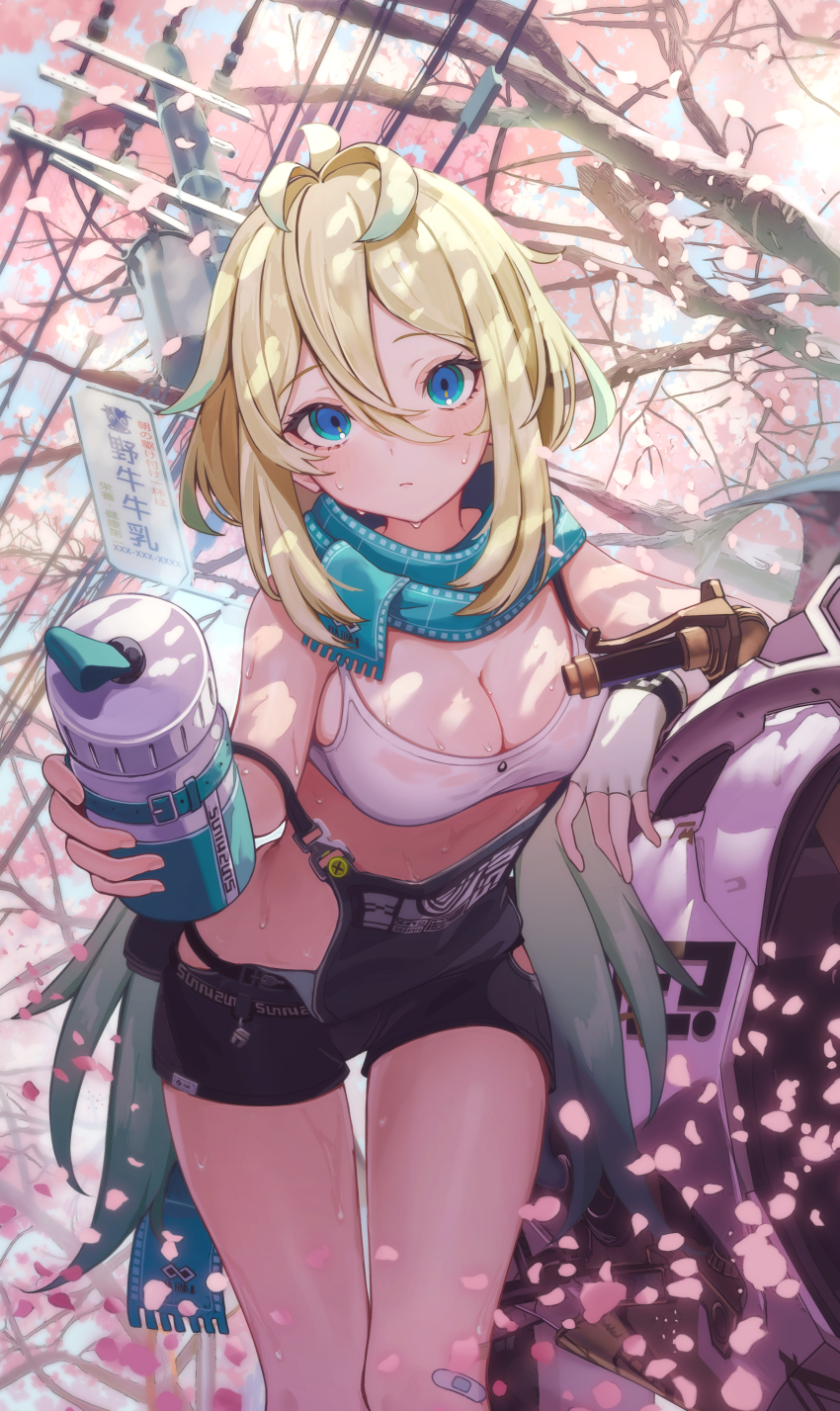 1girl absurdres arm_rest bandaid bandaid_on_knee bandaid_on_leg bare_shoulders black_shorts blonde_hair blue_eyes blue_scarf bottle branch breasts chasing_kaleidorider cherry_blossoms cleavage commentary_request cowboy_shot day falling_petals fingerless_gloves gloves gradient_hair hair_between_eyes higashigure highres holding leaning_forward light_blush long_hair looking_at_viewer medium_breasts motor_vehicle motorcycle multicolored_hair petals power_lines prome_(chasing_kaleidorider) scarf shirt shorts sign solo standing sweat tree utility_pole water_bottle white_gloves white_shirt