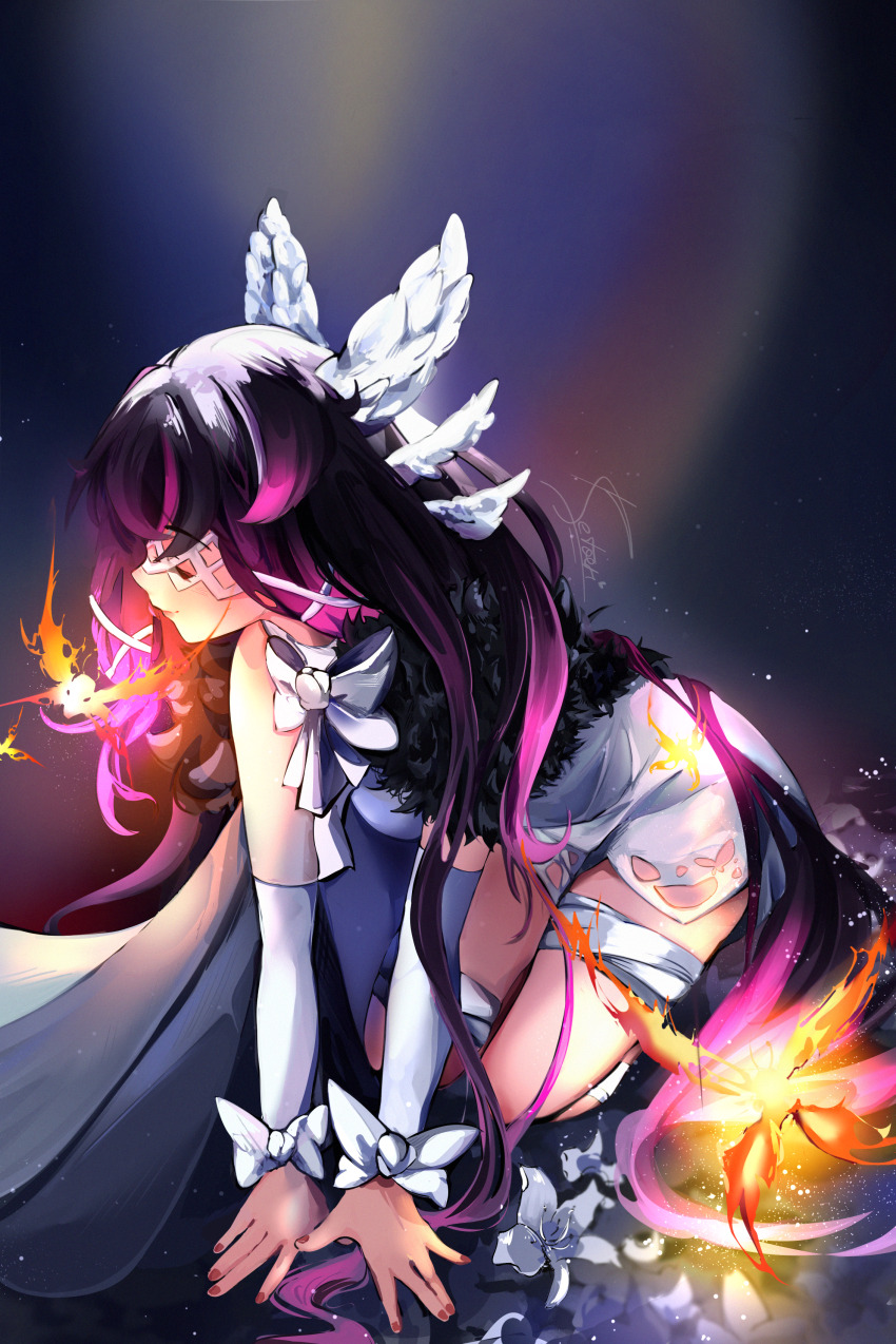 1girl absurdres bandaged_leg bandages bare_legs black_hair bow bowtie breasts bug butterfly closed_eyes closed_mouth coat columbina_(genshin_impact) crimson_lotus_moth_(genshin_impact) dark_background dress eye_mask fatui_coat flower full_body fur-trimmed_coat fur_trim genshin_impact gradient_background hair_flowing_over hair_ornament hair_spread_out hands_on_floor head_wings highres insect ketari leaning_forward light_particles long_hair medium_breasts multicolored_hair pink_hair red_nails ribbon seiza sitting smile solo streaked_hair three_quarter_view two-tone_hair very_long_hair white_bow white_bowtie white_dress white_flower white_mask wing_eyes wing_hair_ornament wings wrist_bow x_hair_ornament