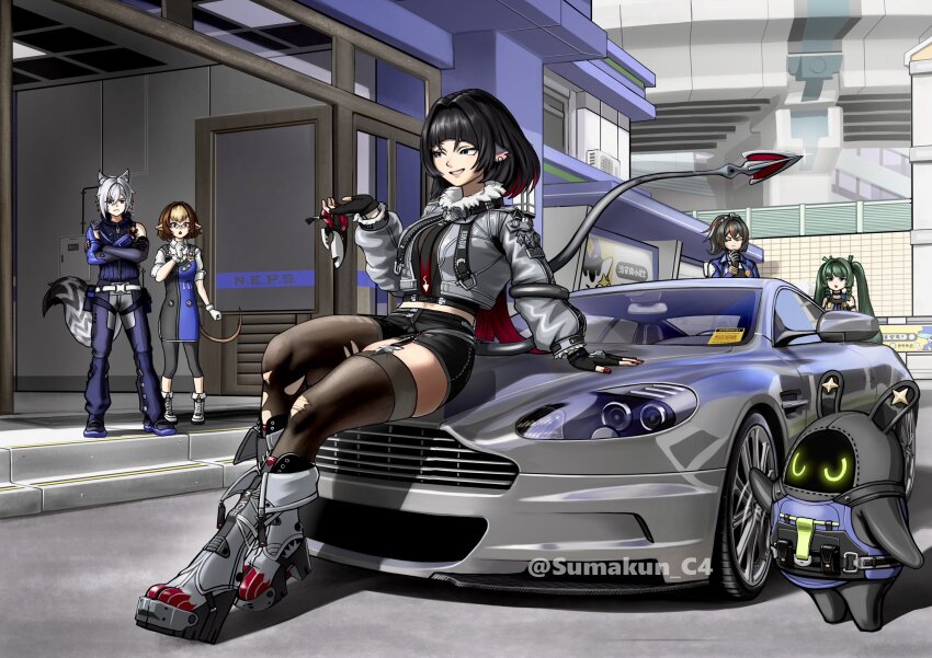 1boy 4girls animal_ears artist_name aston_martin aston_martin_dbs bangboo_(zenless_zone_zero) black_dress black_gloves black_hair black_shorts black_thighhighs blue_dress blue_jacket blue_pants boots breasts brown_hair car crossed_arms dress fingerless_gloves garter_straps gloves glowing glowing_eyes green_eyes green_hair grey_boots grey_car grey_jacket high_heel_boots high_heels highres holding jacket jane_doe_(zenless_zone_zero) long_sleeves mechanical_tail medium_breasts motor_vehicle mouse_tail multicolored_hair multiple_girls on_car pants pantyhose ponytail qingyi_(zenless_zone_zero) red_nails seth_lowell shorts single_leg_pantyhose single_thighhigh sitting skindentation sports_car streaked_hair sumakun tail thighhighs tomiya_(zenless_zone_zero) torn_clothes torn_pantyhose torn_thighhighs twintails two-tone_dress wolf_boy wolf_ears wolf_tail zenless_zone_zero zhu_yuan