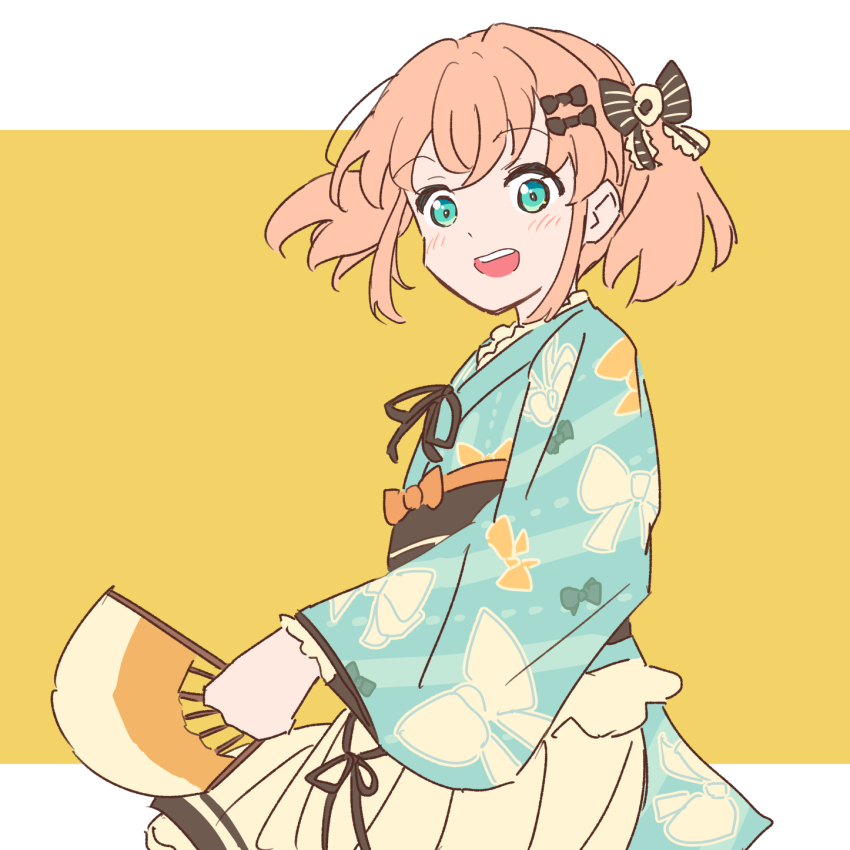 1girl 37.5c_no_fantasy :d aqua_eyes black_bow black_sash blue_kimono blush bow bow_print commentary_request cowboy_shot folding_fan hair_bow hand_fan highres hinoshita_kaho holding holding_fan japanese_clothes kimono link!_like!_love_live! long_sleeves looking_at_viewer love_live! medium_hair nogreen obi obiage obijime official_alternate_costume open_mouth orange_hair pinstripe_bow print_kimono sash short_kimono sidelocks simple_background smile solo two_side_up virtual_youtuber yellow_background