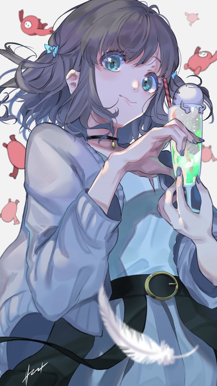 1girl :&gt; absurdres belt belt_buckle black_belt black_choker black_skirt blue_bow blue_eyes blue_shirt bow buckle character_request choker closed_mouth collarbone commentary_request cup drinking_glass drinking_straw eyes_visible_through_hair fall_guy fall_guys falling falling_feathers feathers fingernails foreshortening from_below grey_hair grey_jacket grey_nails grey_skirt hair_bow hands_up highres holding holding_cup indie_virtual_youtuber jacket layered_skirt long_sleeves looking_at_viewer looking_down looking_to_the_side medium_hair nail_polish open_clothes open_jacket pendant_choker sarina_babi shirt sidelocks signature simple_background skirt solo thick_eyelashes three_quarter_view two_side_up upper_body virtual_youtuber white_background white_feathers yamada_suzume