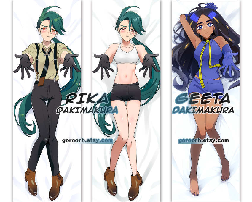 2girls ahoge barefoot bed_sheet black_hair blue_gloves blue_shirt blue_shorts blush brown_footwear character_name closed_mouth collared_shirt commentary dakimakura_(medium) dark-skinned_female dark_skin earrings geeta_(pokemon) gloves goro_orb green_hair hair_between_eyes highres jewelry knees long_hair lying multiple_girls nail_polish navel neck_ribbon nintendo on_back outstretched_hand pants pokemon pokemon_sv ponytail ribbon rika_(pokemon) shirt shoes shorts stud_earrings suspenders toenail_polish toenails watermark web_address yellow_ribbon