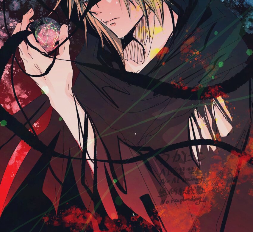 1boy black_robe blonde_hair cloud_strife corruption crying final_fantasy final_fantasy_vii final_fantasy_vii_rebirth final_fantasy_vii_remake highres hood hood_up hooded_robe long_sleeves male_focus materia possessed robe short_hair solo tears torn_clothes torn_robe ukanicoponpon upper_body wide_sleeves