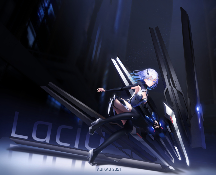 1girl absurdres android aoi_kao_(lsz7106) armpit_cutout artist_name beatless blue_eyes blue_hair bodysuit character_name cleavage_cutout clothing_cutout dark_background device floating_hair full_body gradient_hair hair_ornament high_heels highres holding holding_weapon lacia_(beatless) long_hair mecha_musume multicolored_hair running thighhighs thighs three_quarter_view thumb_hole_sleeves turtleneck turtleneck_bodysuit weapon
