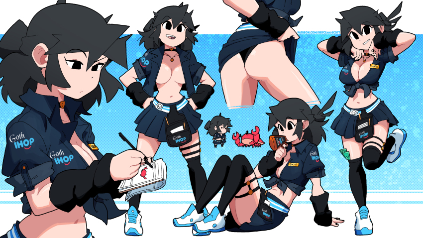 1girl arms_up ass black_eyes black_hair black_skirt black_socks black_thighhighs breasts choker cleavage crab femboy_hooters_(meme) goth_fashion highres holding holding_pen ihop jewelry kneehighs large_breasts long_hair looking_at_viewer lucia_(scott_malin) meme midriff multiple_views narrow_waist navel necklace no_bra original parted_lips pen pleated_skirt scott_malin shirt shoes skirt smile socks thighhighs tied_shirt writing