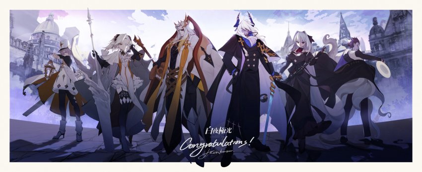 3boys 3girls absurdres alchemy_stars architecture armor ascot bare_shoulders black_dress black_footwear black_gloves black_legwear blank_eyes boots border breasts brooch building buttons cane cape capelet carleen_(alchemy_stars) chain chinese_commentary clarinet clenched_hand closed_mouth cloud cloudy_sky colored_tips commentary_request connolly_(alchemy_stars) copyright_name double-breasted dress english_text eyepatch facial_hair frilled_dress frills full_body garter_straps gloves gold_chain greaves grin hair_intakes hair_ornament hair_over_one_eye hand_in_own_hair hand_in_pocket hat heterochromia high_heel_boots high_heels highres holding holding_unworn_clothes holding_unworn_hat horns instrument istvan_(alchemy_stars) jewelry kleken_(alchemy_stars) konichewa lantern large_breasts loafers looking_at_viewer looking_back multicolored_hair multiple_boys multiple_girls mustache nadine_(alchemy_stars) one_eye_closed outside_border pelvic_curtain polearm puffy_sleeves schwartz_(alchemy_stars) shadow shoes short_hair sky smile spear standing streaked_hair sword tail tassel tentacles thighhighs unworn_hat unworn_headwear weapon white_cape white_hair white_legwear yellow_eyes