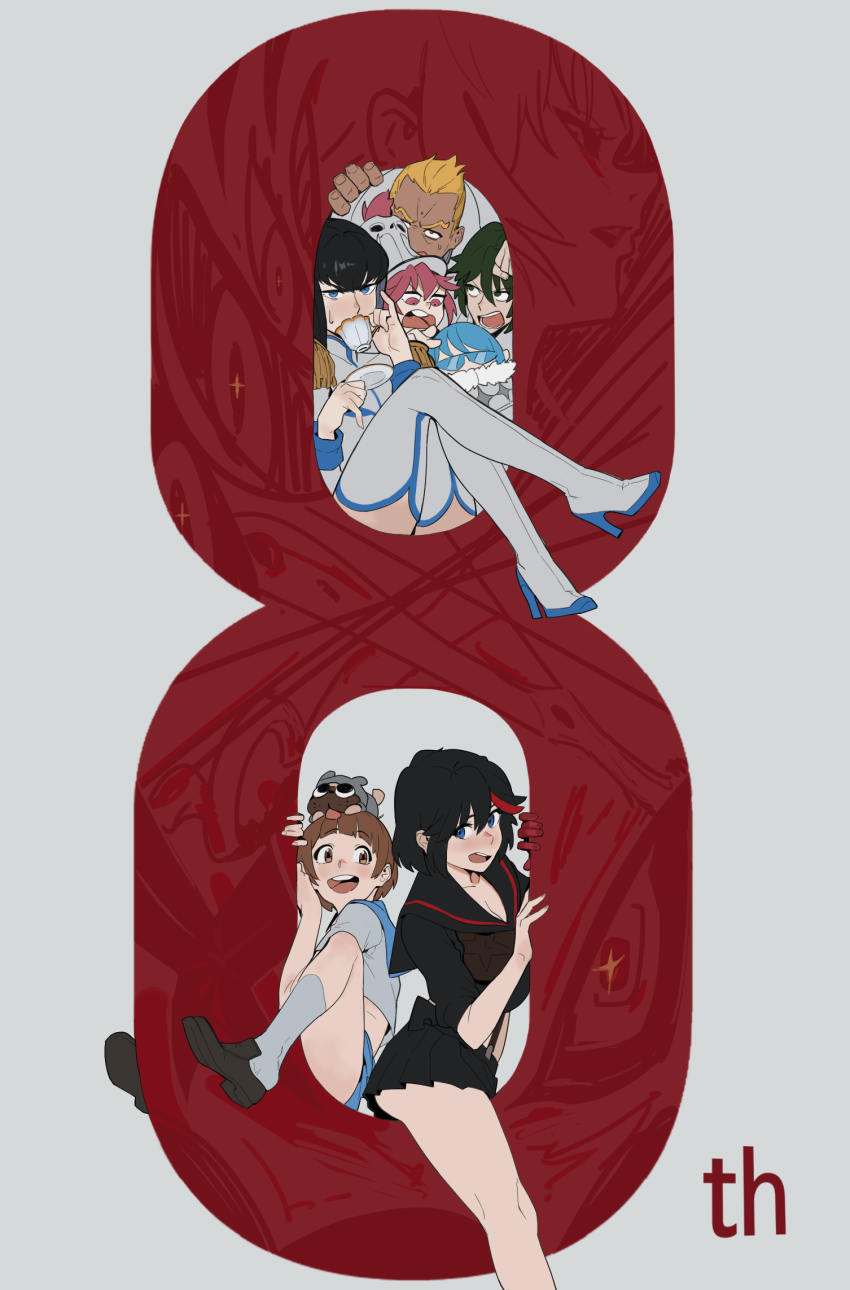 3boys 4girls anniversary black_footwear black_hair blonde_hair blue_eyes blue_hair bob_cut boots breasts brown_eyes brown_footwear brown_hair cleavage collarbone commentary cup dog drinking english_commentary epaulettes from_side fur_collar gamagoori_ira glasses green_hair guts_(kill_la_kill) hand_on_another&#039;s_head hat high_collar high_heels highres holding holding_cup holding_saucer hong_doo inumuta_houka jakuzure_nonon junketsu kill_la_kill kiryuuin_satsuki loafers long_hair looking_at_another looking_at_viewer looking_down mankanshoku_mako matoi_ryuuko microskirt multicolored_hair multiple_boys multiple_girls pink_hair pleated_skirt red_hair sanageyama_uzu saucer school_uniform senketsu serafuku shako_cap shoes short_hair skirt straddling suspenders sweat thigh_boots thighhighs thighs two-tone_hair white_background white_legwear