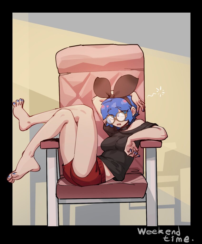 1girl arm_above_head arm_over_head arm_up bare_legs barefoot black_border black_choker black_hairband black_ribbon black_shirt blue_eyes blue_hair blue_nails border breasts bright_pupils chair choker commentary dif_(difman) difman dorsiflexion drooling english_commentary english_text eyes_visible_through_hair feet fingernails full_body hair_between_eyes hairband highres knees_up legs looking_at_viewer medium_breasts mole mole_under_eye nail_polish on_chair open_mouth original outside_border red_shorts ribbon round_eyewear shirt short_hair short_sleeves shorts sketch_background solo t-shirt toenail_polish toenails toes waking_up white_pupils