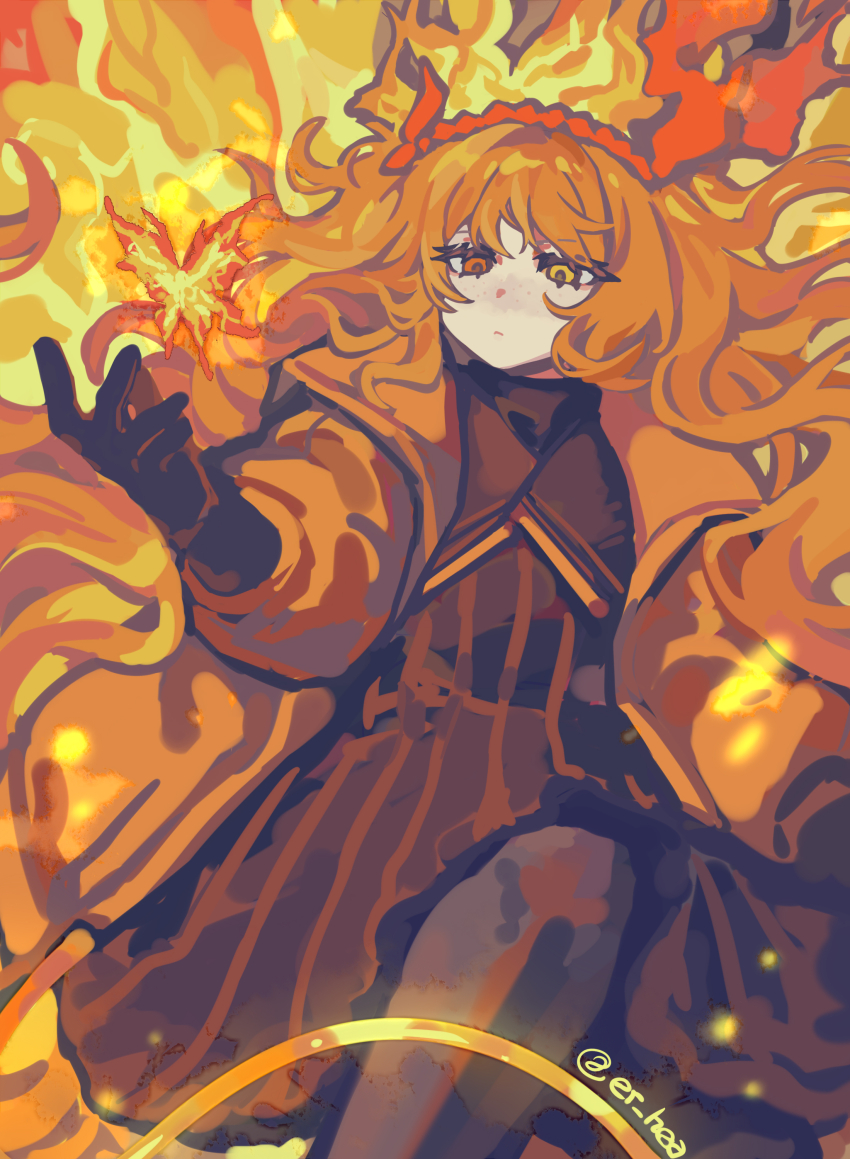 1girl absurdres ardor_blossom_star_(e.g.o) black_gloves black_pantyhose brown_dress closed_mouth dress e.g.o_(project_moon) er_hea fiery_wings fire full_body gloves hairband heterochromia highres ishmael_(project_moon) jacket limbus_company long_hair long_sleeves looking_at_viewer orange_eyes orange_hair orange_jacket pantyhose project_moon red_hairband solo very_long_hair wings yellow_eyes