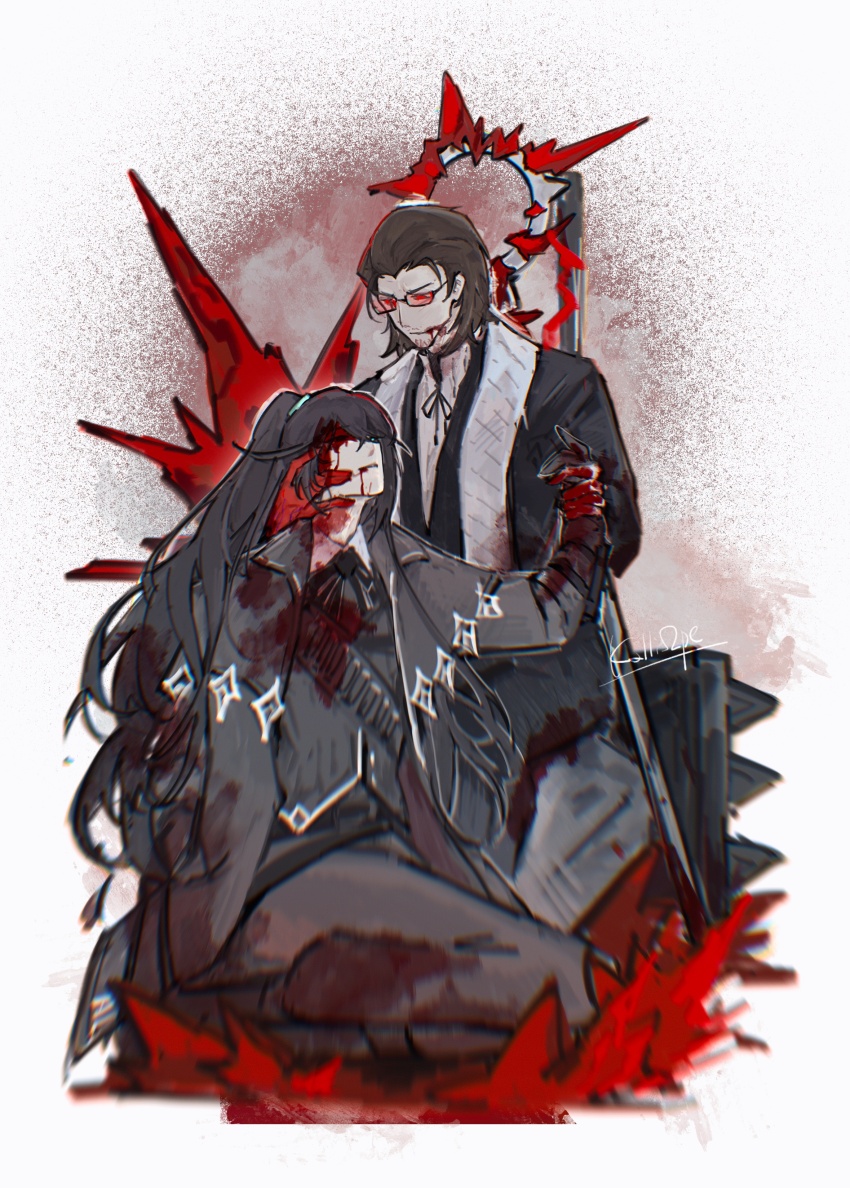 2boys absurdres belt black_hair black_necktie black_shirt black_suit blood blood_on_clothes blood_on_face blood_on_hands blood_on_mouth blue_eyes blurry blurry_foreground brown_hair cartridge collared_shirt colored_extremities crystal facial_hair fanghunt_office_(identity)_(project_moon) formal_clothes gregor_(project_moon) hair_flowing_over hair_slicked_back highres holding_another&#039;s_face holding_hands hong_lu_(project_moon) kalliope_orc la_manchaland_(identity)_(project_moon) limbus_company long_hair long_sleeves looking_at_another male_focus multiple_boys necktie one_eye_closed pants project_moon red-tinted_eyewear red_eyes red_hands seiza serious shirt signature simple_background sitting staff stole striped_clothes striped_shirt stubble suit tinted_eyewear white_shirt