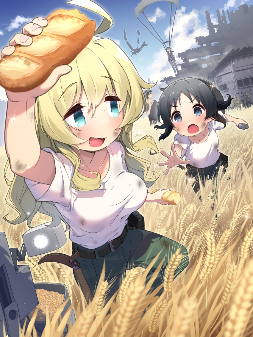 &lt;o&gt;_&lt;o&gt; 1boy 3girls :d absurdres ahoge aircraft airplane beard_stubble belt bitten black_eyes black_hair blonde_hair blue_eyes blue_sky bread breasts chasing chito_(shoujo_shuumatsu_ryokou) cigarette closed_eyes cloud collarbone combat_helmet commentary cowlick d: dirty dirty_clothes dirty_face dot_nose facial_hair factory field_ration floating_hair food foreshortening glasses glint good_end green_pants grey_pants helmet highres holding holding_cigarette holding_food holster ishii_(shoujo_shuumatsu_ryokou) kanazawa_(shoujo_shuumatsu_ryokou) kettenkrad kuromasu long_hair long_sleeves looking_at_another looking_back looking_to_the_side medium_breasts military military_uniform multiple_girls open_mouth outdoors pants parachute ponytail shirt short_hair short_sleeves shoujo_shuumatsu_ryokou sky small_breasts smile stubble sweat two_side_up wheat wheat_field white_shirt yuuri_(shoujo_shuumatsu_ryokou)