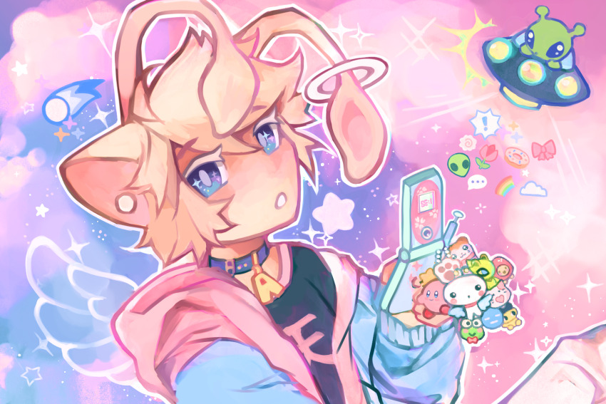 1other aisha_(neopets) alien androgynous animal_ears antennae babytchi black_shirt blonde_hair blue_eyes blue_jacket cameo cat_ears celebi cellphone cellphone_charm character_charm charm_(object) cloud colored_eyelashes commentary english_commentary flip_phone furry gen_2_pokemon hamtaro hamtaro_(series) hasunoue_keroppi highres hood hood_down hooded_jacket jacket kero_kero_keroppi kirby kirby_(series) legendary_pokemon looking_at_viewer mametchi mythical_pokemon neogeopet neopets nintendo open_clothes open_jacket original other_focus phone pokemon sanrio shirt short_hair tamagotchi upper_body white_eyelashes