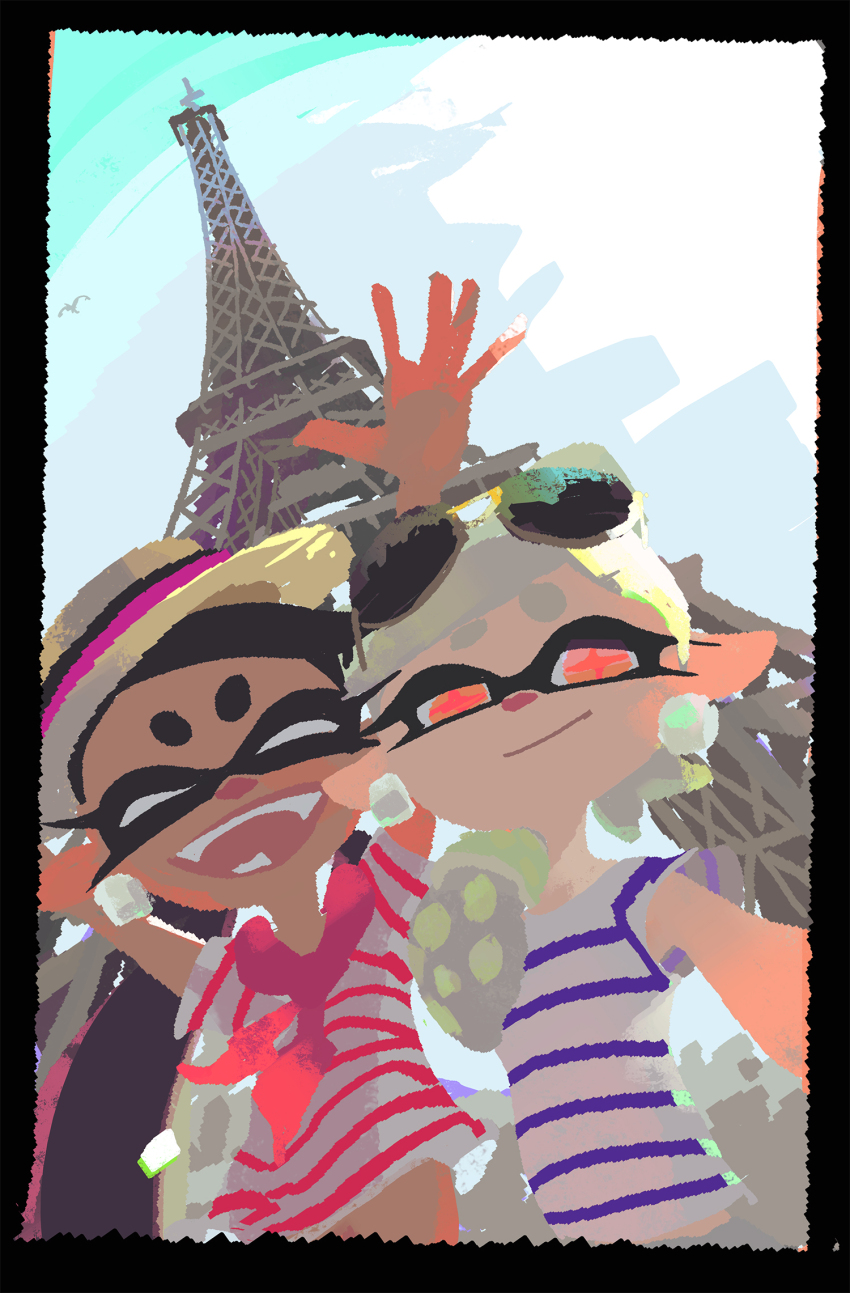 2girls arm_up artist_request black_border black_hair blue_sky boater_hat border callie_(splatoon) closed_eyes closed_mouth cousins day earrings eiffel_tower eyewear_on_head fangs foreshortening from_below grey_hair hair_over_shoulder half-closed_eyes hat highres inkling jewelry looking_at_viewer marie_(splatoon) midriff_peek multiple_girls neckerchief nintendo no_lineart official_art open_mouth orange_eyes outdoors pink_neckerchief pink_shirt pointy_ears purple_shirt real_world_location red_pupils selfie shirt short_eyebrows short_sleeves side-by-side sidelighting simple_bird sky splatoon_(series) straw_hat striped_clothes striped_shirt sunglasses third-party_source upper_body white_shirt yellow_hat