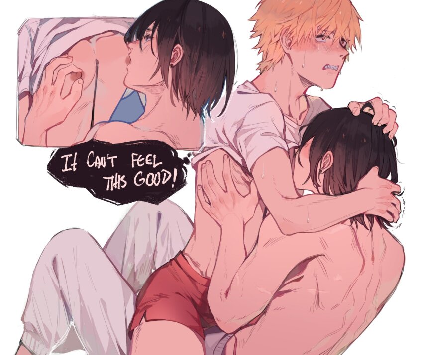 2boys black_hair blonde_hair blush chainsaw_man clenched_teeth clothes_lift crispyfrites denji_(chainsaw_man) earrings hand_on_another&#039;s_head hayakawa_aki highres jewelry licking licking_nipple looking_at_another male_focus medium_hair multiple_boys nipple_stimulation nipples pants power_cord red_shorts sharp_teeth shirt shirt_lift short_hair short_shorts shorts simple_background skinny spiked_hair sucking_male_nipple sweat sweatpants teeth topless_male white_background white_shirt yaoi