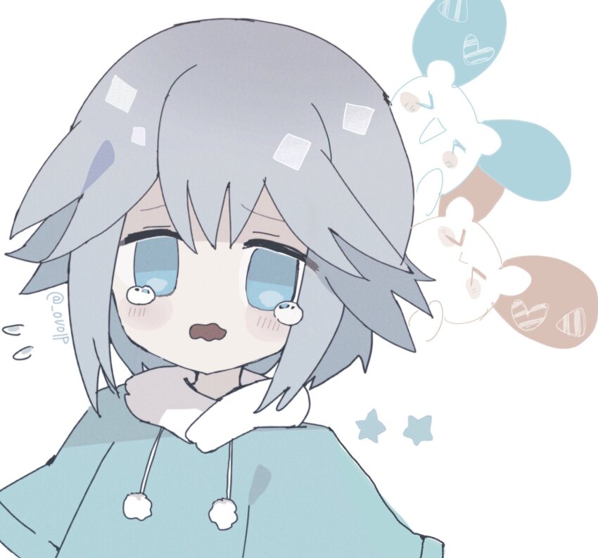 &gt;_&lt; 1boy blue_eyes blue_hoodie blush blush_stickers commentary drawstring flying_sweatdrops gen_3_pokemon grey_hair hair_flaps highres hood hoodie male_focus minun nintendo open_mouth ovoip plusle pokemon pokemon:_destiny_deoxys pokemon_(anime) pokemon_rse_(anime) pom_pom_(clothes) short_hair short_sleeves simple_background star_(symbol) tearing_up tory_lund upper_body wavy_mouth white_background