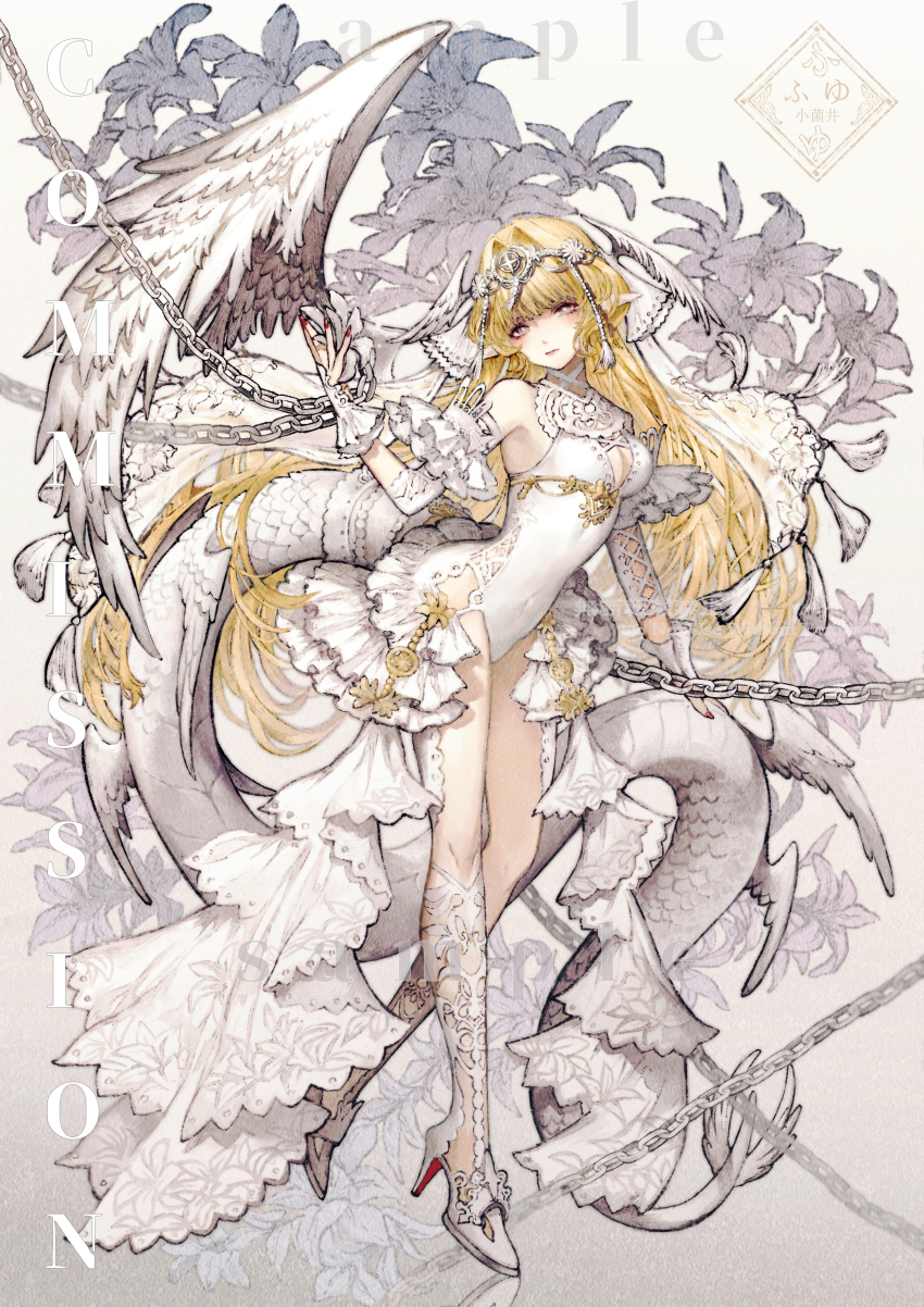 1girl absurdres angel angel_wings baiguiyu blonde_hair chain daisy_(flower) detached_sleeves dragon_tail feathered_wings floral_background flower head_wings high_heels highres lingerie lipstick low_wings makeup nail_polish original pointy_ears tail teddy_(lingerie) underwear veil white_wings wings