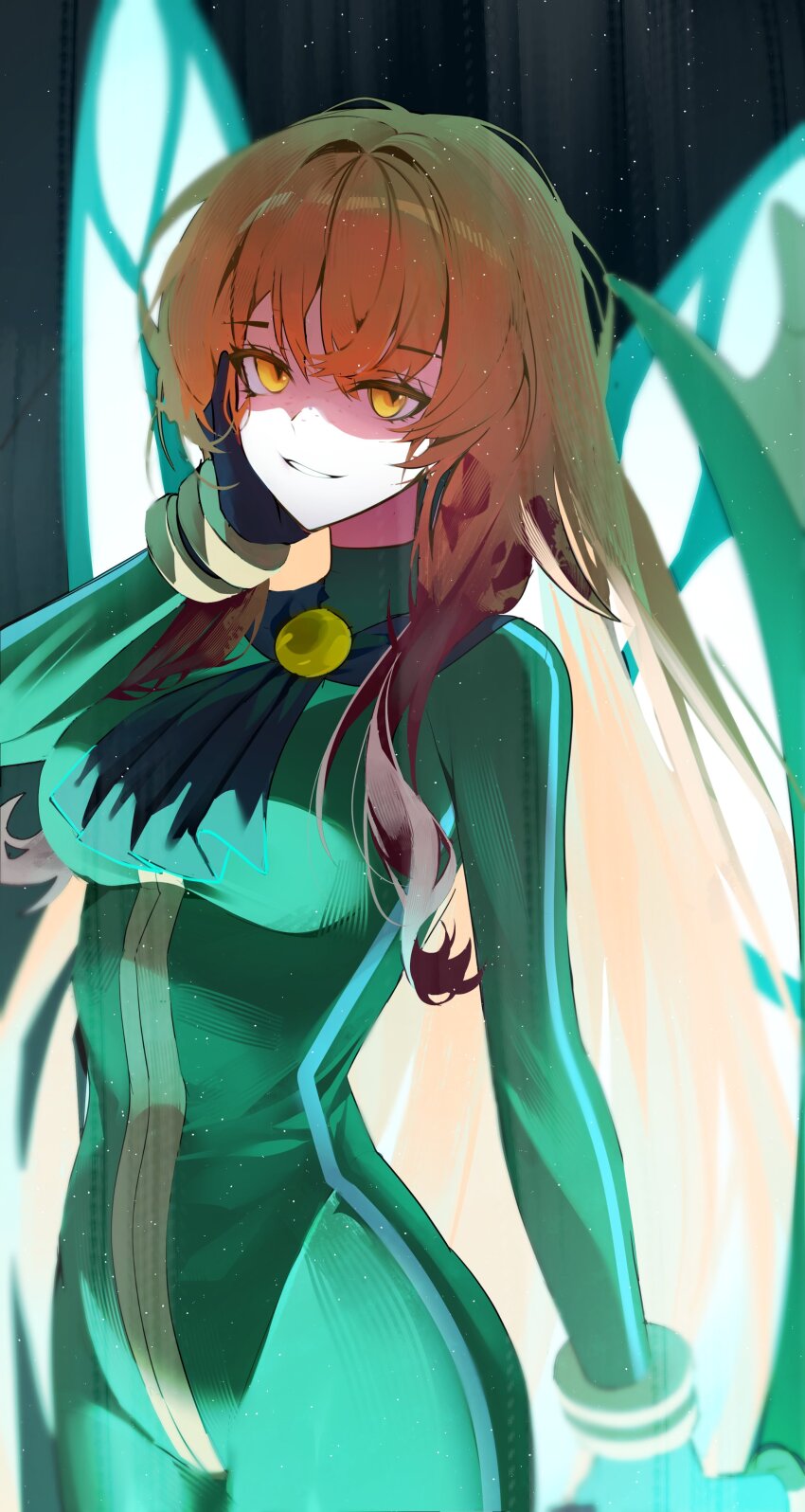 1girl absurdres aqua_wings blood blood_in_hair bodysuit bracelet breasts e.g.o_(project_moon) fairy_wings green_bodysuit hi_i_dubu highres ishmael_(project_moon) jewelry limbus_company long_hair looking_at_viewer medium_breasts orange_hair parted_lips project_moon sidelocks smile solo underlighting very_long_hair wingbeat_(e.g.o) wings yellow_brooch yellow_eyes