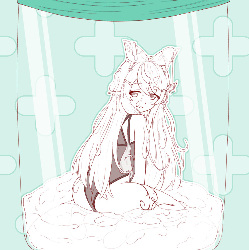 cum cum_on_body cum_on_clothes cum_on_hair cum_pool fairy highres in_container in_jar jar kisaragi_1go kneeling nijisanji nijisanji_en pointy_ears pomu_rainpuff pomu_rainpuff_(1st_costume) virtual_youtuber