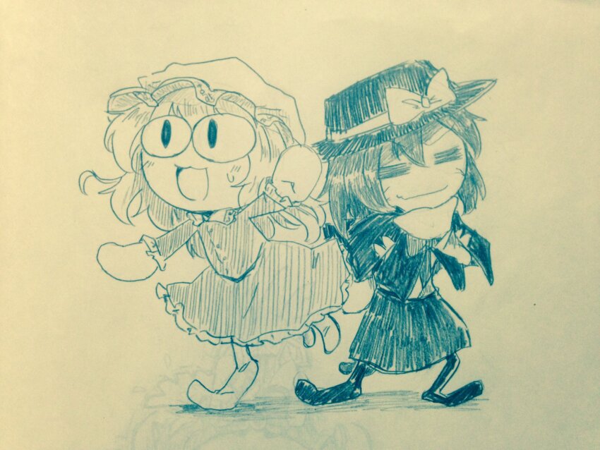 2girls =_= bow capelet closed_eyes commentary_request cosplay dress efukei full_body hat hat_bow highres maribel_hearn maribel_hearn_(cosplay) mob_cap monochrome multiple_girls neco-arc neco-arc_chaos open_mouth simple_background skirt standing standing_on_one_leg touhou tsukihime usami_renko usami_renko_(cosplay)