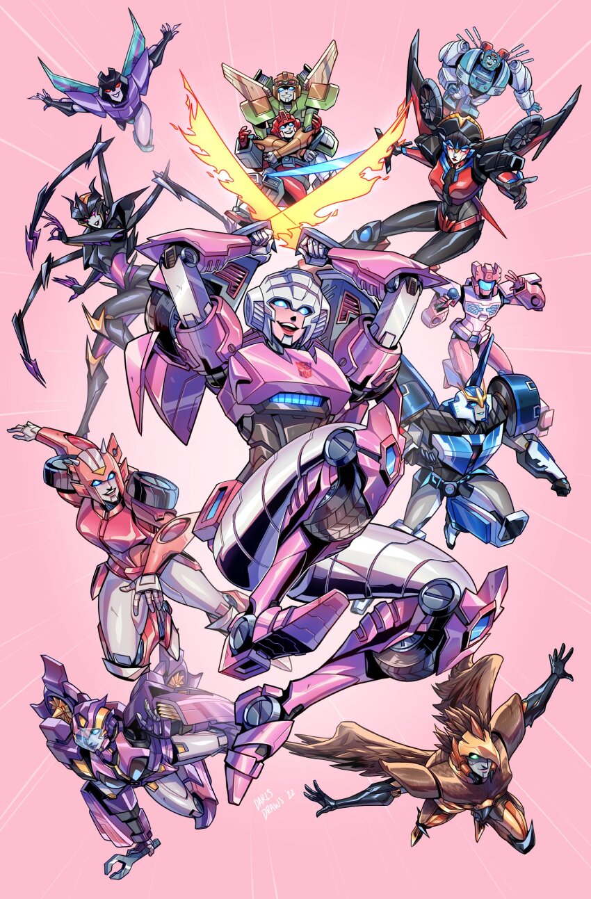6+girls absurdres airachnid airazor annotated anode_(transformers) arcee autobot beast_wars beast_wars:_transformers blue_eyes commentary cover cover_page doujin_cover dual_wielding elita_one energy_sword english_commentary extra_legs highres holding holding_sword holding_weapon holding_wrench kiss_players lina_rojas lug_(transformers) mecha multiple_girls nautica_(transformers) nickel_(transformers) open_mouth parted_lips pink_background pointing red_eyes robot rosanna_(transformers) science_fiction slipstream_(transformers) strongarm_(transformers) sword the_transformers_(idw) transformers transformers:_robots_in_disguise_(2015) transformers_animated transformers_prime weapon windblade wrench