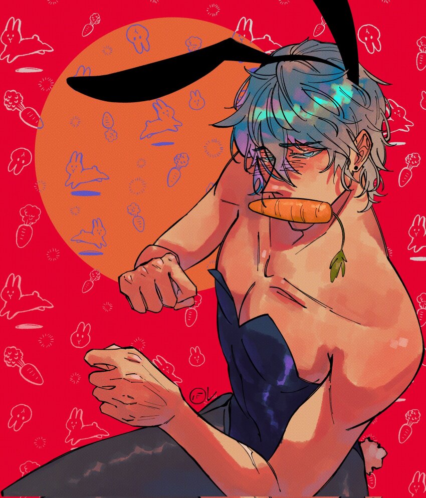 1boy alternate_costume arms_up blue_hair bodycon carrot clenched_hand collarbone cove_holden doodle_inset food_in_mouth halo halo_behind_head highres holding holding_carrot looking_at_viewer male_focus male_playboy_bunny messy_hair our_life:_beginnings_and_always pantyhose pectoral_cleavage pectorals rabbit rabbit_ear_headwear sadlad03 short_hair solo toned toned_male upper_body