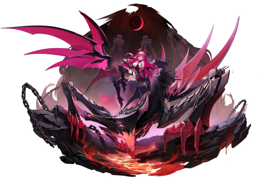 1girl absurdres armored_boots artist_request ass azur_lane bare_shoulders black_dress boots breasts cannon chain choker cleavage clothing_cutout crescent_moon cuffs demon_girl demon_horns demon_wings detached_sleeves dress elbow_gloves floating full_body gloves hair_between_eyes high_heel_boots high_heels highres horns large_breasts lava long_hair looking_at_viewer low_wings machinery mechanical_horns mecklenburg_(azur_lane) moon multiple_wings night non-humanoid_robot non-web_source official_art open_mouth pink_eyes pink_hair pointy_ears red_moon red_wings revealing_clothes rigging robot robot_animal ruins shackles sideboob sky sleeveless smile solo spikes thigh_boots thighs very_long_hair wings world_of_warships