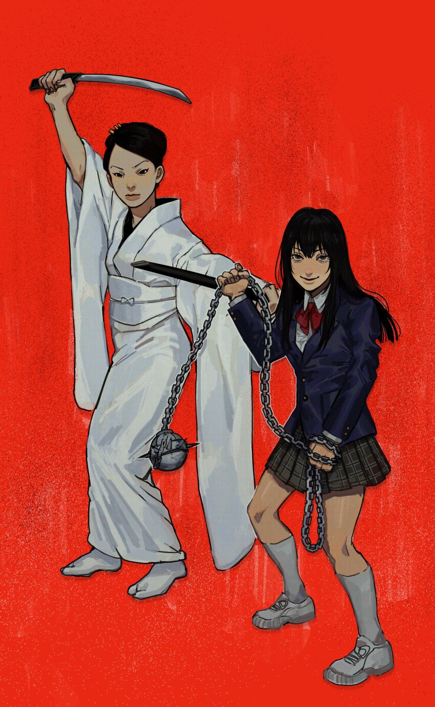 2girls absurdres ball_and_chain_(weapon) black_eyes black_hair blazer chain highres holding holding_weapon ishii_o-ren jacket japanese_clothes katana kill_bill kimono kneehighs long_hair long_sleeves ma2_ereki multiple_girls obi plaid_clothes plaid_skirt pleated_skirt red_background sash school_uniform shirasaya simple_background skirt socks spike_ball spiked_ball_and_chain sword updo weapon white_kimono yuubari_gogo