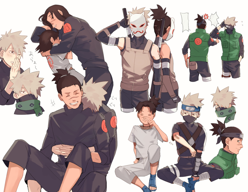 2boys anger_vein bandaid bandaid_on_arm black_mask blue_headband brown_hair closed_eyes collarbone fishnets fox_mask green_vest grey_hair grin hair_between_eyes hair_over_one_eye hand_in_pocket hatake_kakashi headband hug hug_from_behind male_focus mask mirin_(coene65) multiple_boys multiple_views naruto_(series) parted_lips scar scar_across_eye scar_on_face simple_background smile towel towel_on_one_shoulder umino_iruka vest white_background yaoi