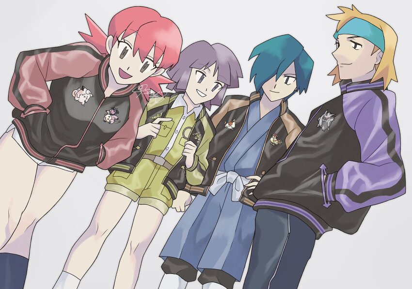 1girl 3boys belt black_pants black_socks blonde_hair blue_hair blue_hakama blue_headband blue_kimono brown_eyes bugsy_(pokemon) clefairy falkner_(pokemon) gen_1_pokemon gen_2_pokemon gengar green_jacket green_shorts grey_background grey_eyes hakama hakama_pants headband highres jacket japanese_clothes kimono kneehighs looking_at_viewer metapod miltank morty_(pokemon) multicolored_jacket multiple_boys nintendo pants pidgeotto pidgey pink_hair pokemon pokemon_gsc purple_hair sanno_(snn_3) sash scyther shorts simple_background socks standing twintails white_sash white_socks whitney_(pokemon)
