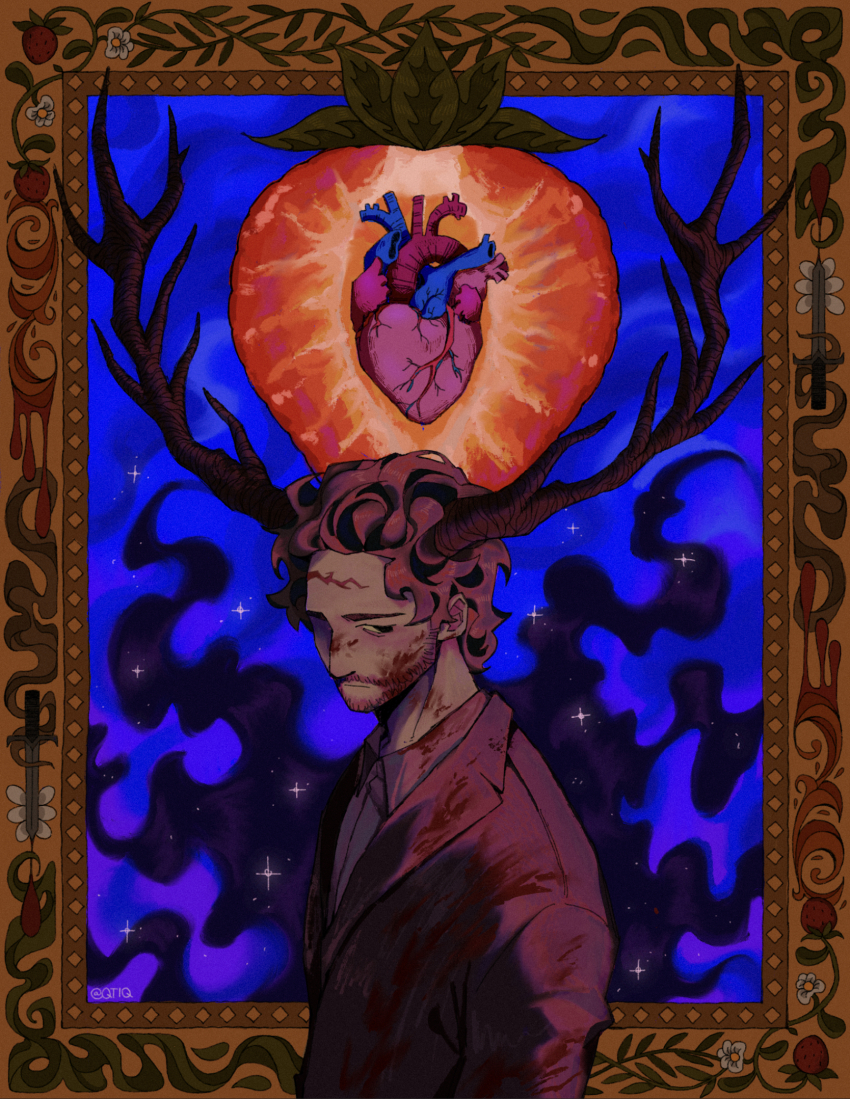 1boy antlers beard black_eyes blood_from_forehead blood blood_drop blood_on_clothes blood_on_face blue_background border brown_border brown_hair collared_shirt colored_smoke dagger deer_antlers facial_hair flower food formal_clothes frown fruit hannibal_(tv_series) heart_(organ) highres horns horror_(theme) injury inset_border jacket knife looking_down male_focus night night_sky ornate_border purple_jacket purple_shirt purple_sky qtiq shirt short_hair sky smoke solo star_(sky) starry_sky strawberry strawberry_blossoms strawberry_slice suit suit_jacket upper_body weapon white_flower will_graham