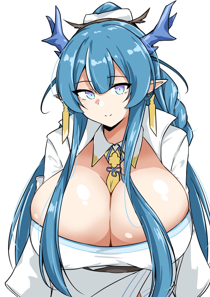 1girl absurdres arknights between_breasts blue_eyes blue_hair bolo_tie breasts cleavage closed_mouth commentary_request dragon_girl dragon_horns earrings hair_between_eyes highres horns jewelry large_breasts ling_(arknights) long_hair looking_at_viewer multicolored_eyes pointy_ears purple_eyes shirt sidelocks simple_background smile solo split_mouth two-tone_eyes white_background white_shirt xibu_cai