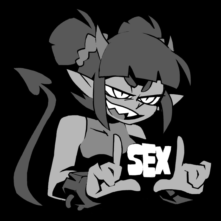 1girl bare_shoulders black_background blunt_bangs borrowed_character breasts chain commentary cropped_torso demon_girl demon_horns english_commentary gloves greyscale hair_ornament hair_scrunchie hands_up holding horns large_breasts long_hair looking_at_viewer monochrome open_mouth original pointy_ears scrunchie sharp_teeth shirt short_hair simple_background smile solo teeth text_focus two_side_up upper_body vanripper