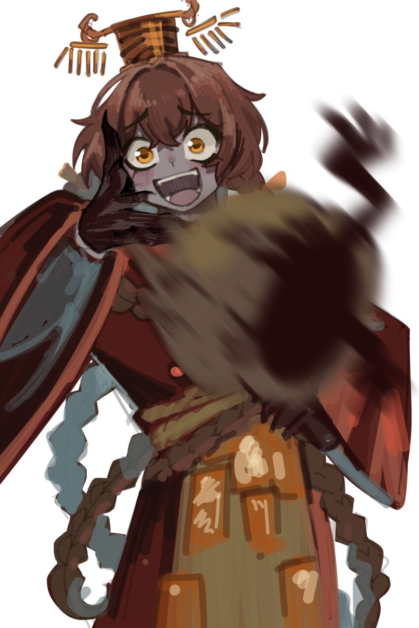 1boy beanni bow braid chinese_clothes colored_skin guan_hat hair_between_eyes hair_bow happy highres jar limbus_company long_hair male_focus meme project_moon red_shirt rope shirt talisman throwing woe_plague_be_upon_ye_(meme) xue_pan_(project_moon)