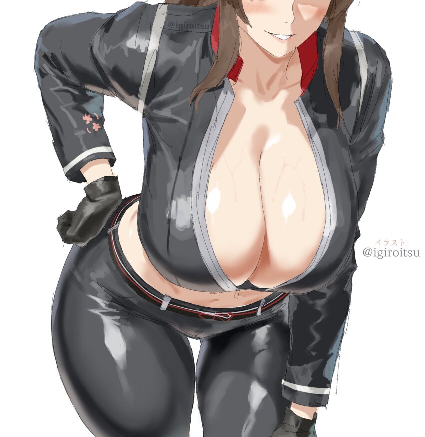 1girl belt black_gloves black_jacket black_jumpsuit black_pants breasts brown_hair cleavage commentary cowboy_shot crop_top cropped_jacket crossover curvy fatal_fury fatal_fury:_city_of_the_wolves gloves grin bad_tag bad_tag hand_on_own_hip head_out_of_frame high_ponytail highres huge_breasts igiroitsu jacket jumpsuit leaning_forward leather leather_pants long_hair midriff navel pants parted_lips partially_unzipped ponytail shiranui_mai sidelocks smile solo the_king_of_fighters thigh_gap tight_clothes tight_pants twitter_username white_background