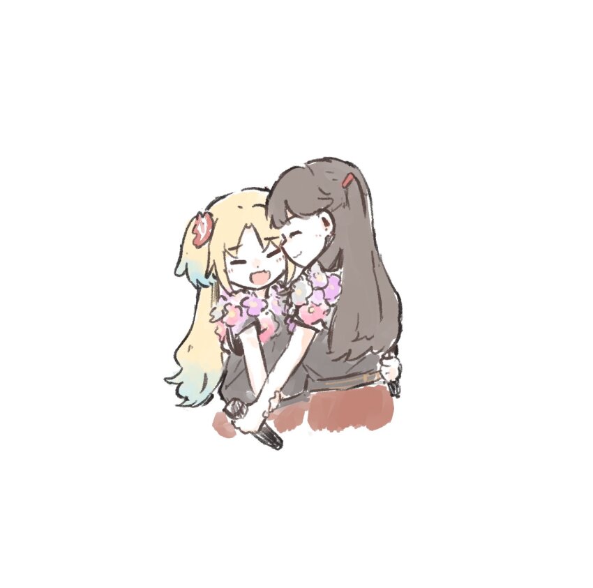 2girls 4th_live_dream_~bloom_the_dream_believers~ :d ^_^ ao_kaeru black_shirt blonde_hair brown_hair closed_eyes closed_mouth commentary dancing fang flower fujishima_megumi gradient_hair highres holding holding_microphone link!_like!_love_live! long_hair love_live! mahara_jamboree_ii microphone mira-cra_park! multicolored_hair multiple_girls open_mouth osawa_rurino parted_bangs pink_flower purple_flower shirt shirt_flower short_sleeves simple_background skin_fang smile symbol-only_commentary twintails two_side_up virtual_youtuber white_background yuri