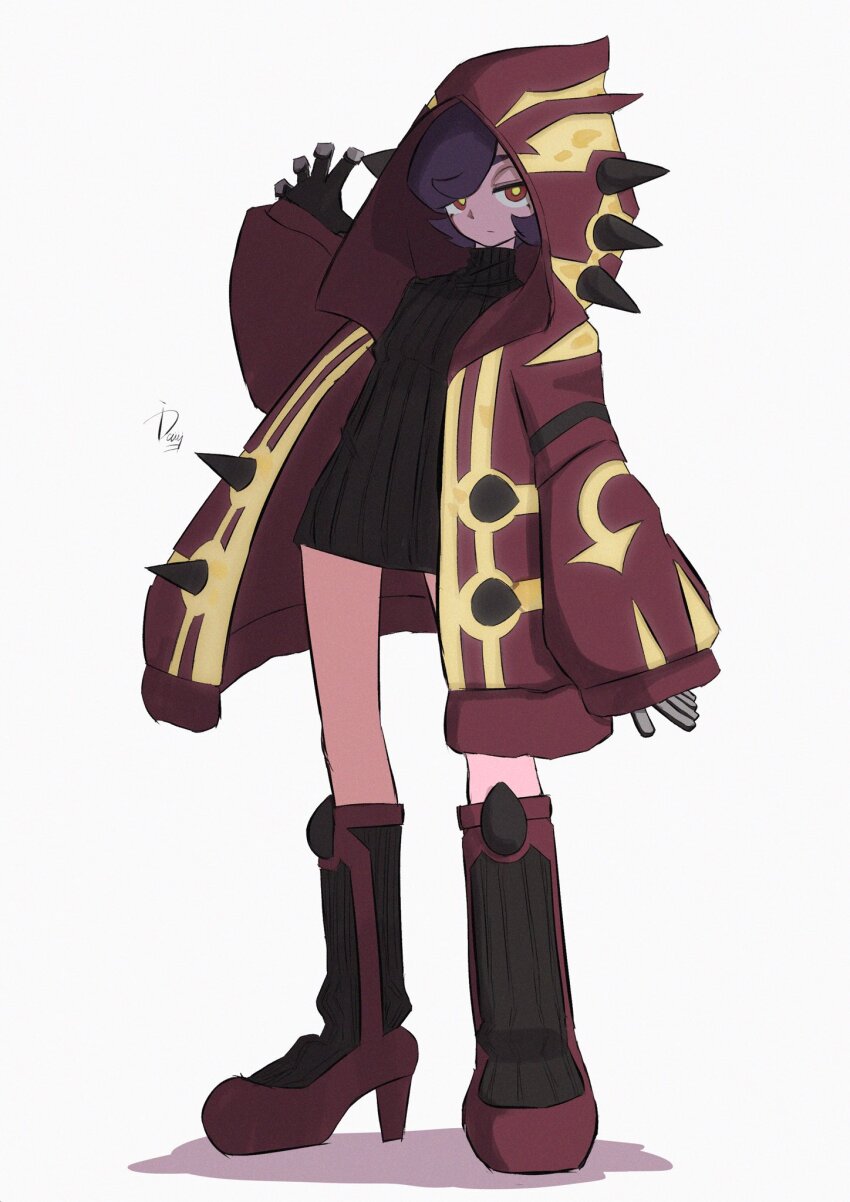 1girl black_sweater boots claw_pose cosplay courtney_(pokemon) expressionless full_body gen_3_pokemon groudon groudon_(cosplay) hand_up high_heels highres hood hood_up hoodie ida_(idalol490) legendary_pokemon long_sleeves nintendo pokemon pokemon_oras primal_groudon purple_hair red_boots red_eyes red_hoodie ribbed_sweater short_hair signature simple_background sleeves_past_wrists solo sweater turtleneck turtleneck_sweater white_background yellow_pupils
