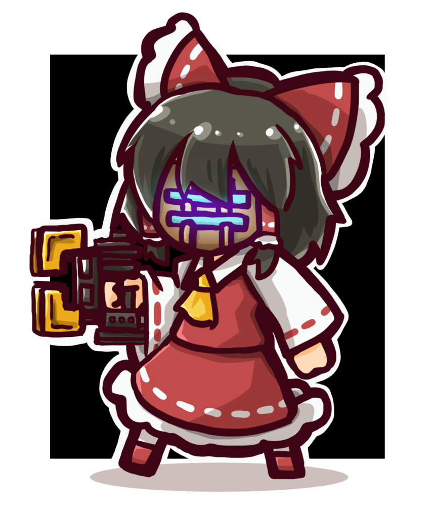 1girl black_hair bow commentary_request cosplay dead_space frilled_bow frilled_hair_tubes frilled_skirt frills full_body hair_bow hair_tubes hakurei_reimu highres holding isaac_clarke isaac_clarke_(cosplay) kide_koushin masked outline plasma_cutter red_bow red_shirt red_shoes red_skirt ribbon-trimmed_sleeves ribbon_trim shirt shoes short_hair sidelocks skirt skirt_set solo touhou white_outline white_sleeves
