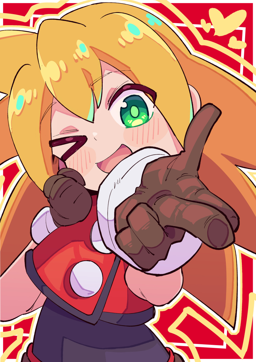 1girl absurdres black_bodysuit blonde_hair blush_stickers bodysuit buzzlyears cropped_jacket green_eyes heart highres jacket long_hair mega_man_(series) mega_man_legends_(series) one_eye_closed red_background red_jacket roll_caskett_(mega_man) solo upper_body